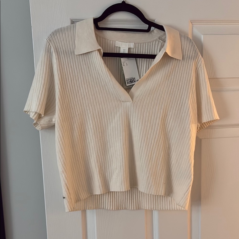 H&M Cream Ribbed Crop Polo Button Down